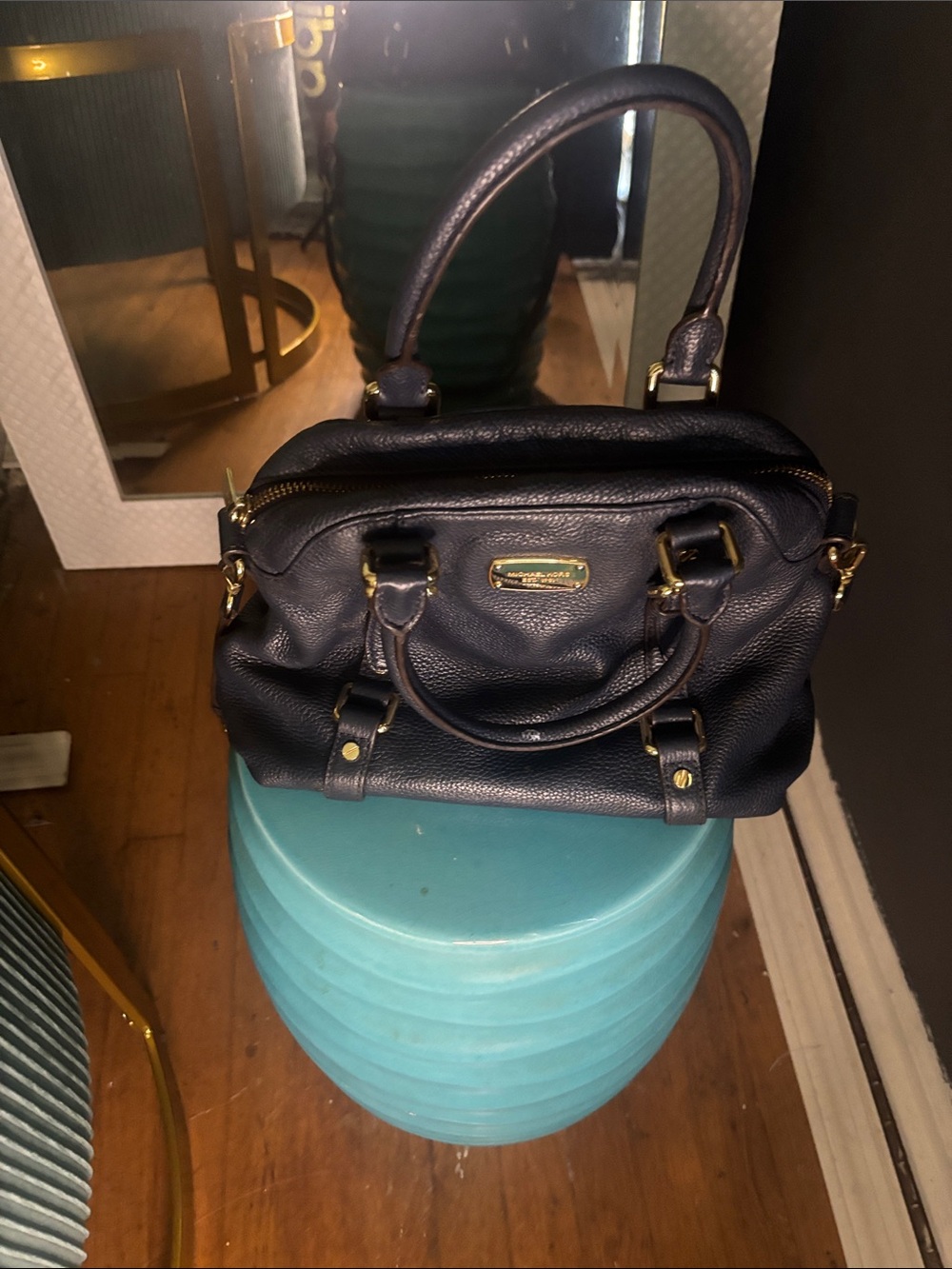 Michael Kors, vintage purse Dark Navy Leather Satchel Handbag with Gold Hardware